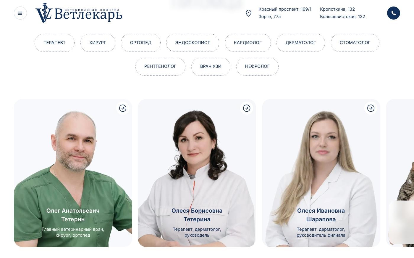 Секция с карточками врачей на главной странице сайта Ветлекарь