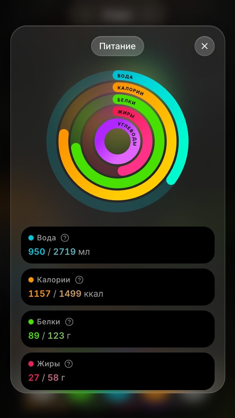 Окно просмотра питания в приложении Food Track
