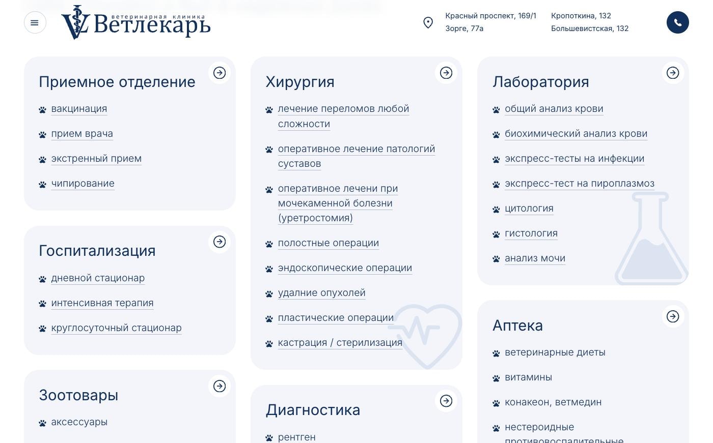 Секция с услугами на главной странице сайта Ветлекарь