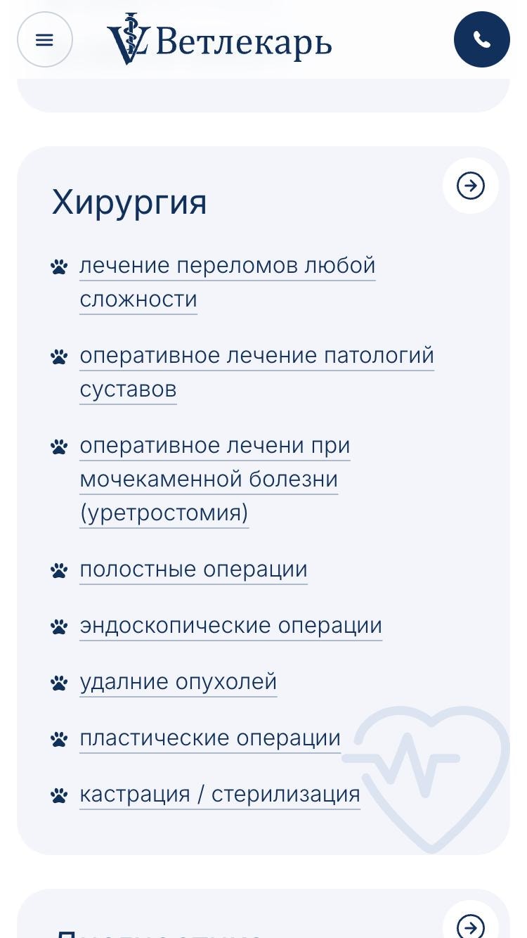 Секция с услугами на главной странице сайта Ветлекарь