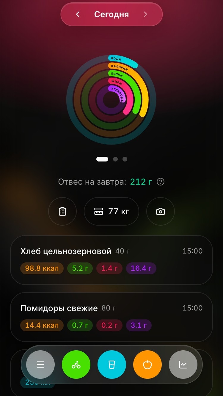 Главный экран приложения Food Track с предупреждающей подсветкой